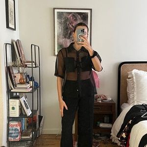 STAUD sheer button up black top